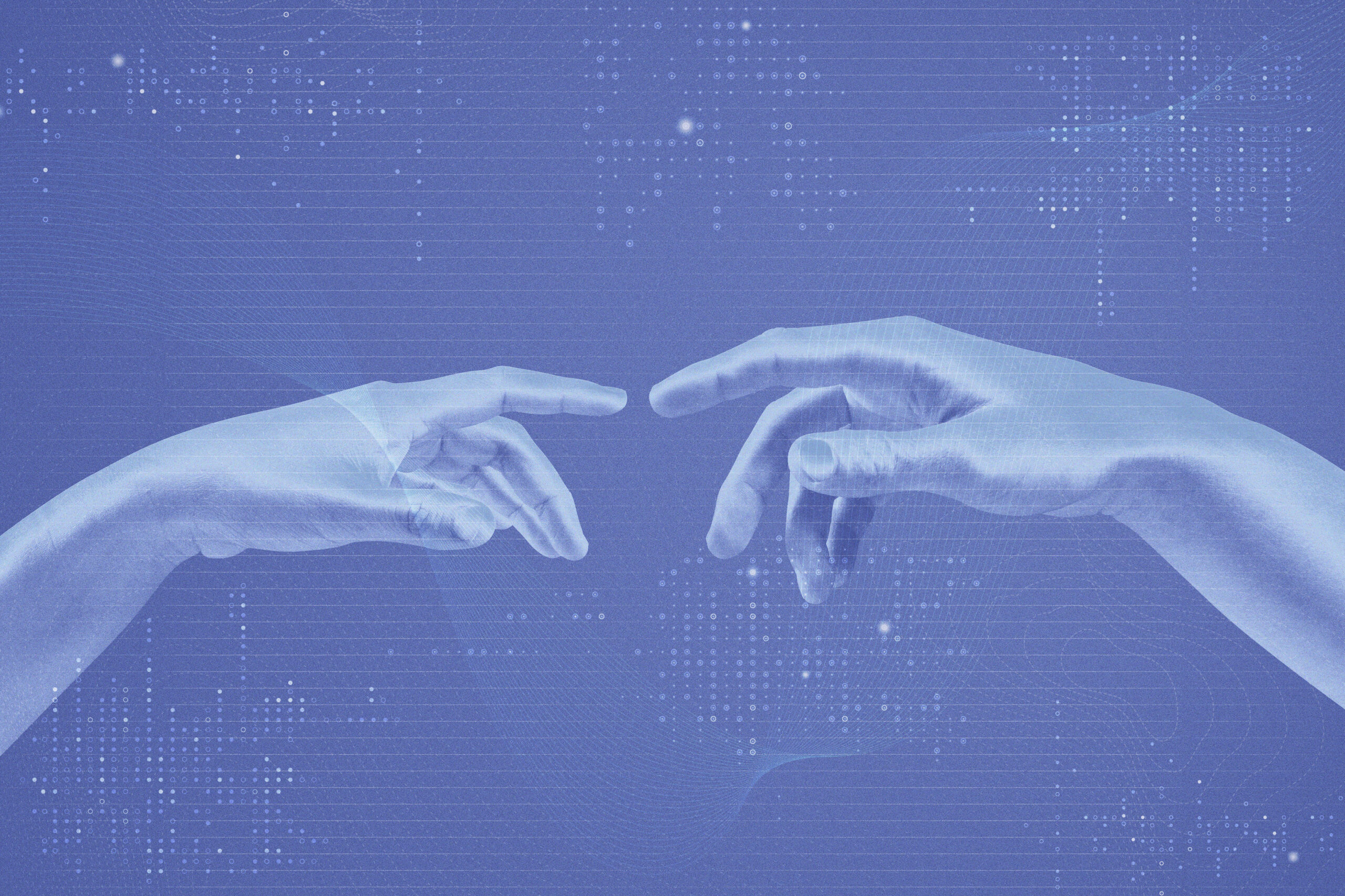 AI digital transformation background in blue with robotic hands Цифровой клон