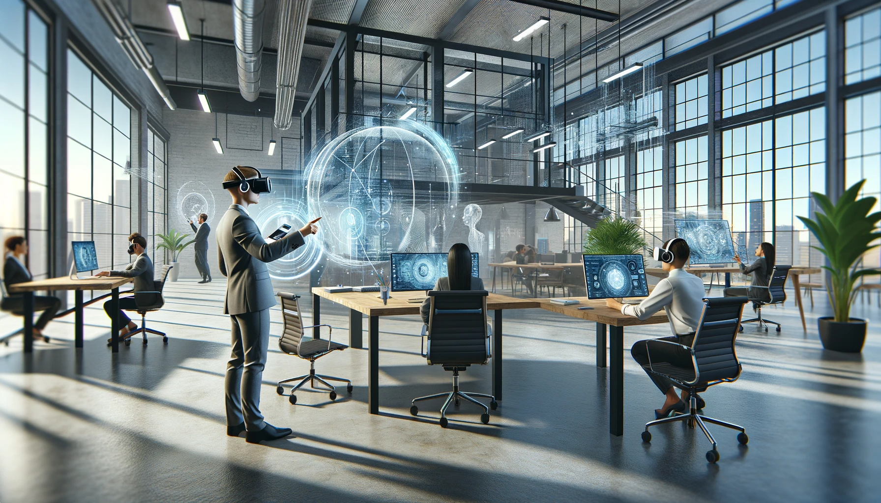 DALL·E 2024-02-01 04.17.14 — A modern office space is animated with elements of virtual and augmented reality. In the foreground, a group of employees engage in a VR training sess интеграция VR/AR