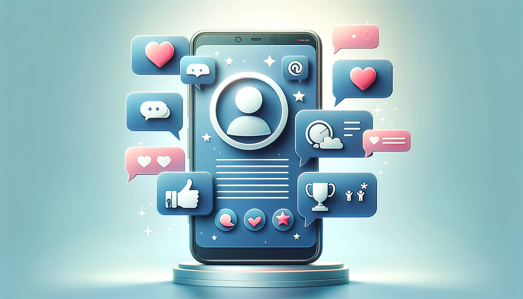 DALL·E 2024-02-21 16.03.12 — A minimalist, horizontal illustration featuring a mobile phone with various chat bubbles around it, symbolizing communication through mobile apps. The мобильные приложения