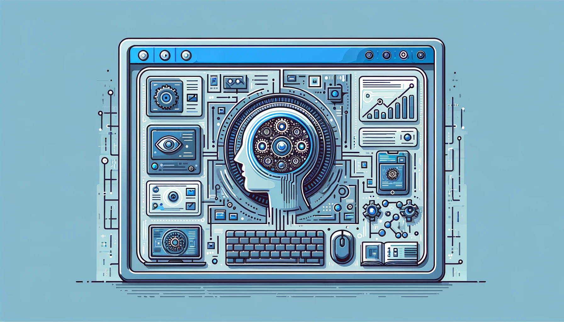 DALL·E 2024-03-07 00.06.10 — Create a horizontal rectangular illustration in a more realistic and less detailed style, depicting the influence of artificial intelligence on the de UI