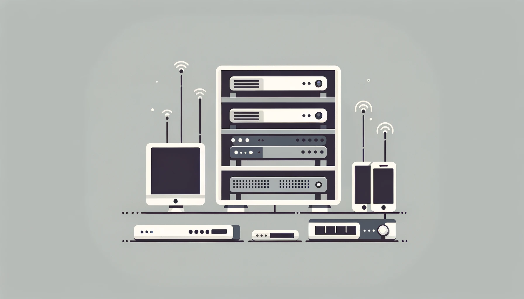 DALL·E 2024-04-15 03.53.39 — A minimalist, horizontal, rectangular illustration depicting the concept of IT infrastructure management. The image should include simple, bold repres IT-инфраструктура