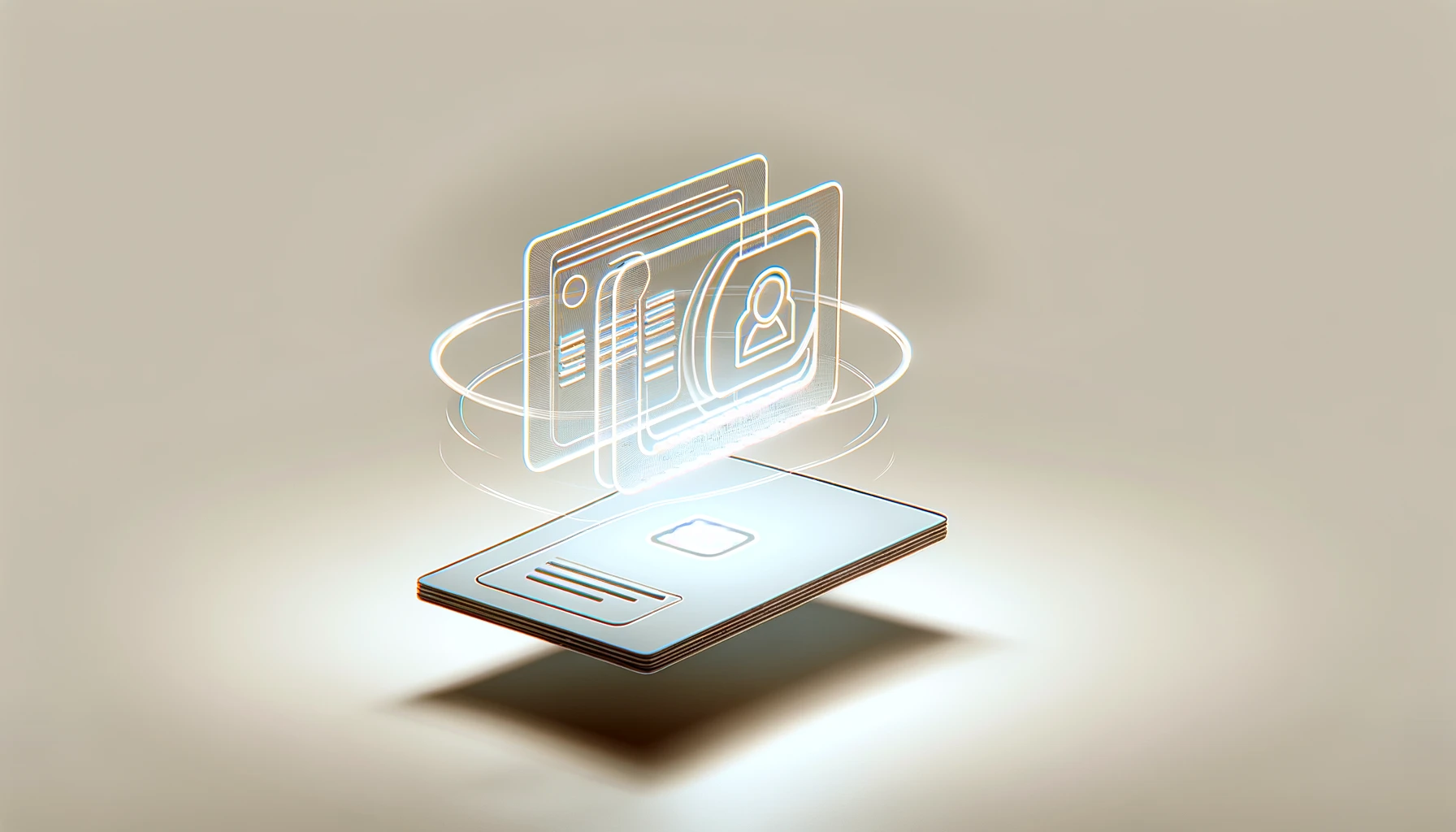 DALL·E 2024-05-13 09.37.49 — A minimalist, horizontal, rectangular illustration showing an interactive augmented reality business card in action. The business card should be promi AR-визитки