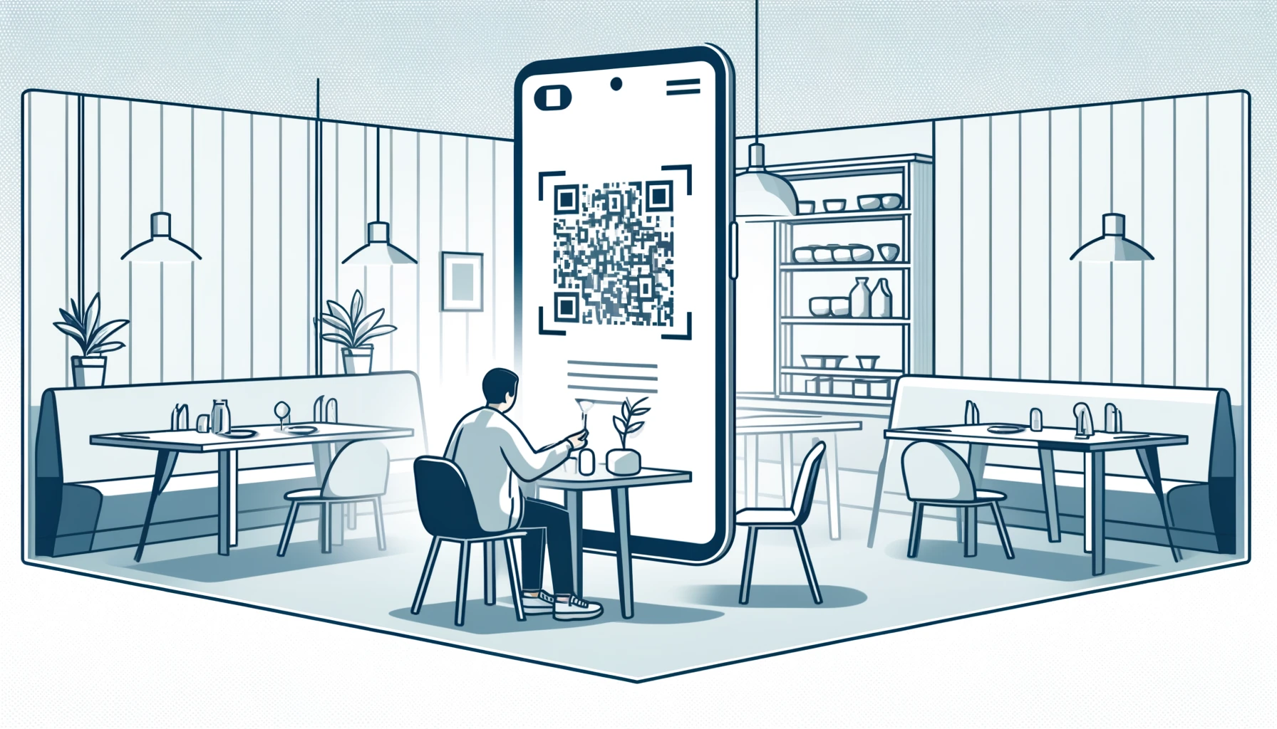 DALL·E 2024-05-13 10.23.29 — A minimalist, horizontal, rectangular illustration depicting an augmented reality (AR) experience in a restaurant setting. The image should show a sim AR для ресторанного бизнеса