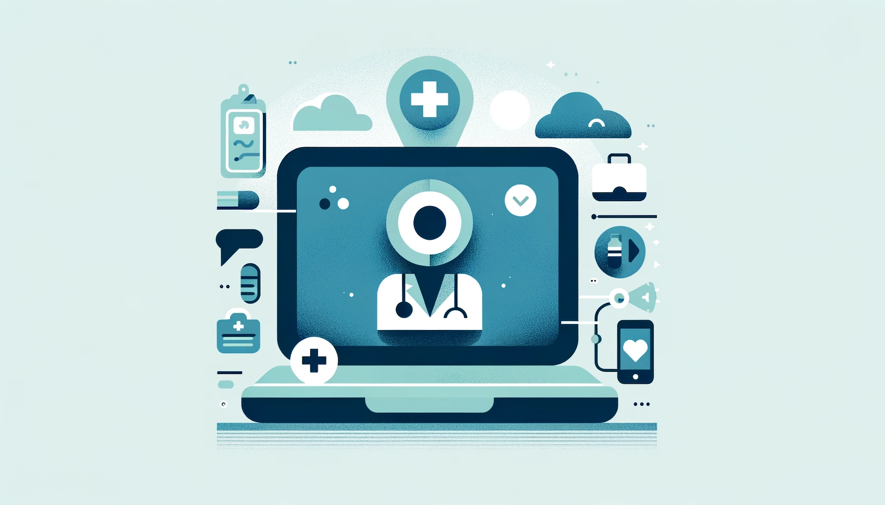 DALL·E 2024-05-20 00.04.01 — A minimalist, horizontal, rectangular illustration representing an online medical consultation platform. The image should feature a simple and clean d