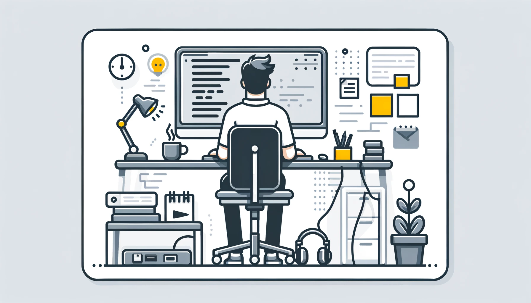 DALL·E 2024-05-30 03.49.39 — A horizontal rectangular illustration of a developer at work. The scene shows a developer sitting at a desk with a computer, surrounded by elements li инструменты для управления командой разработчиков