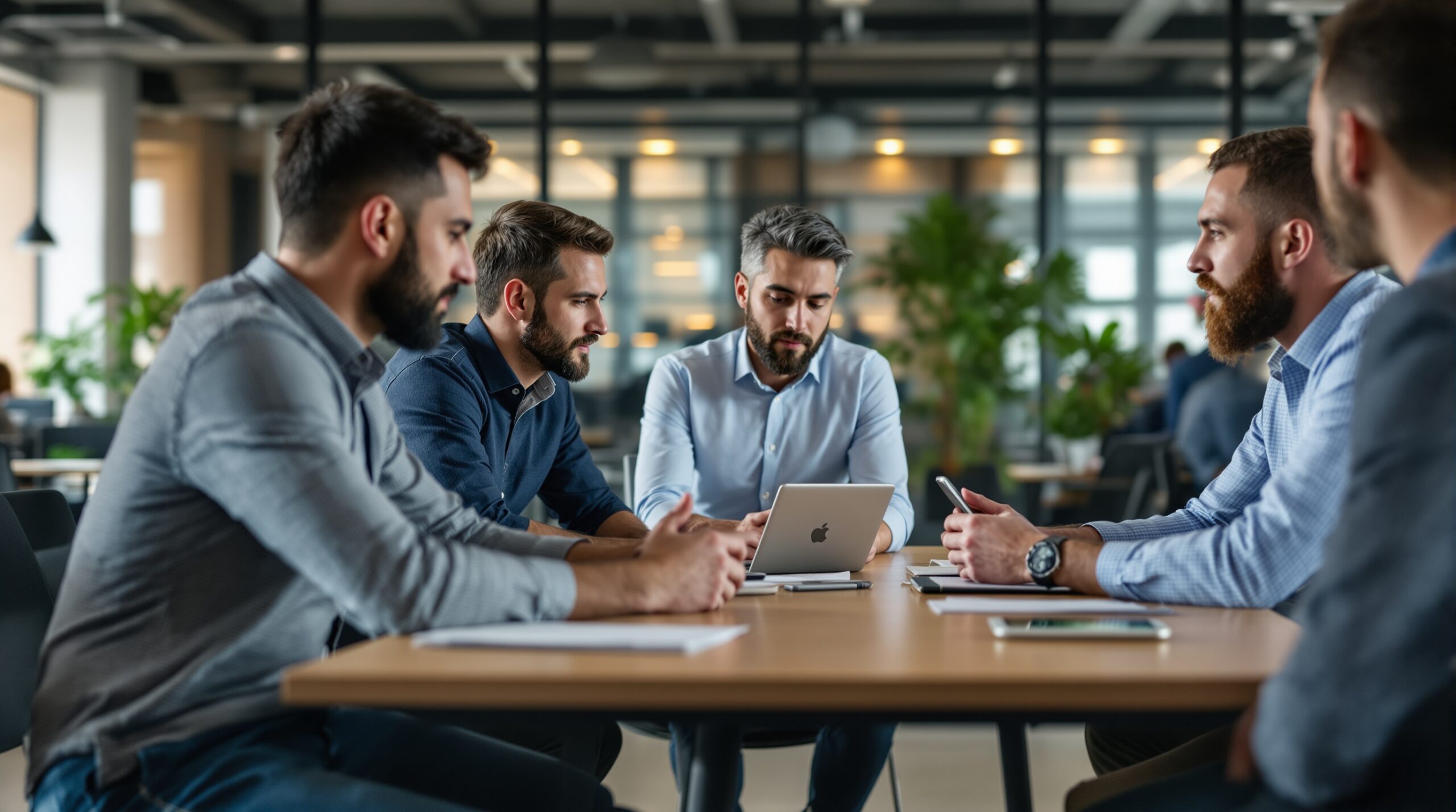 team discussing кроссплатформенная разработка мобильных приложений