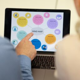 Команда сотрудников работает с учебным порталом для обучения и онбординга в офисе