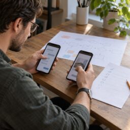 Предприниматель проверяет ключевой сценарий приложения на двух смартфонах
