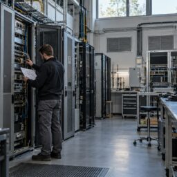 Инженер сверяет кабельные соединения с распечатанной схемой у стоек интеграционного стенда в просторной аппаратной.