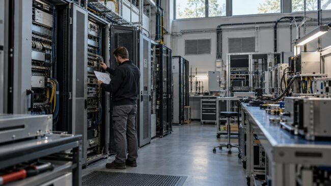 Инженер сверяет кабельные соединения с распечатанной схемой у стоек интеграционного стенда в просторной аппаратной.